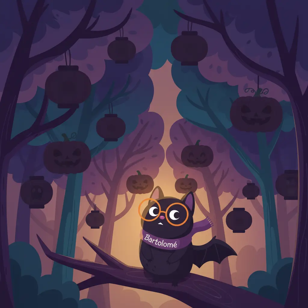 Bartolomé, el murciélago con gafas grandes, mira pensativo la oscuridad del bosque de Halloween.