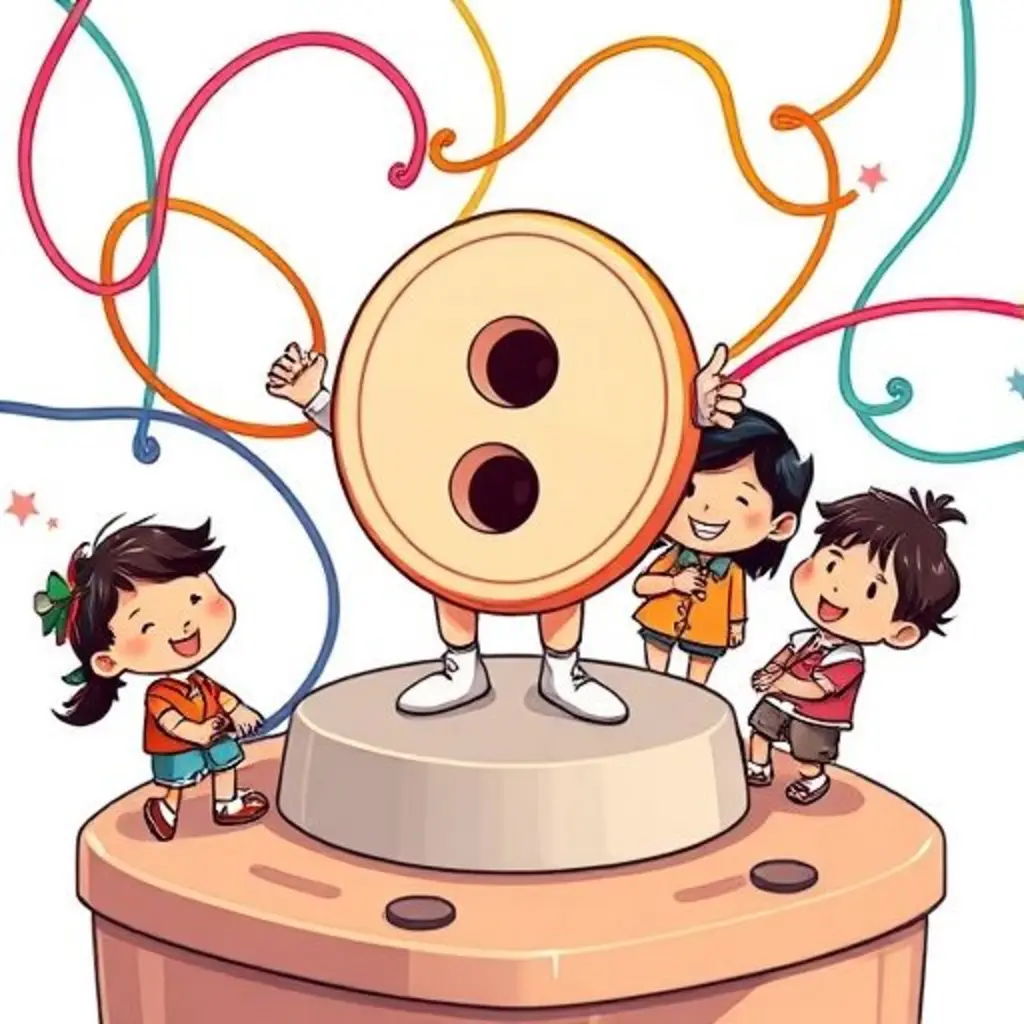 Cuatrito el botón feliz, rodeado de niños sonrientes y jugando.