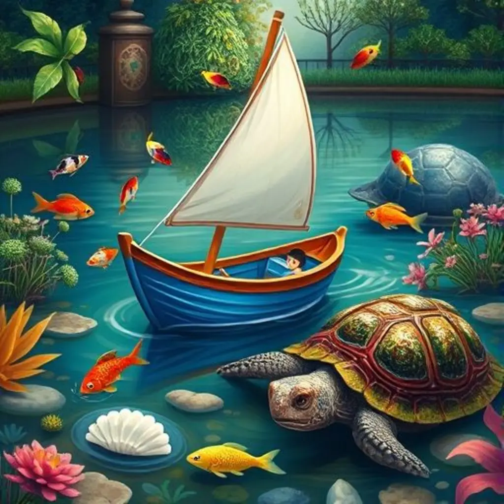 Barquito Azul explora el fondo del estanque y conoce a una tortuga sabia.