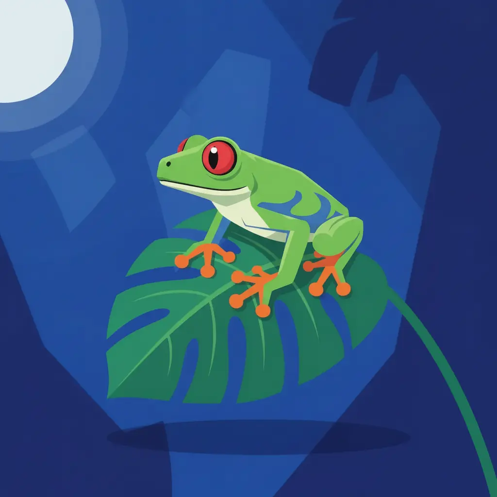 Una rana verde trepando por el borde de una hoja grande con sus patas naranjas.