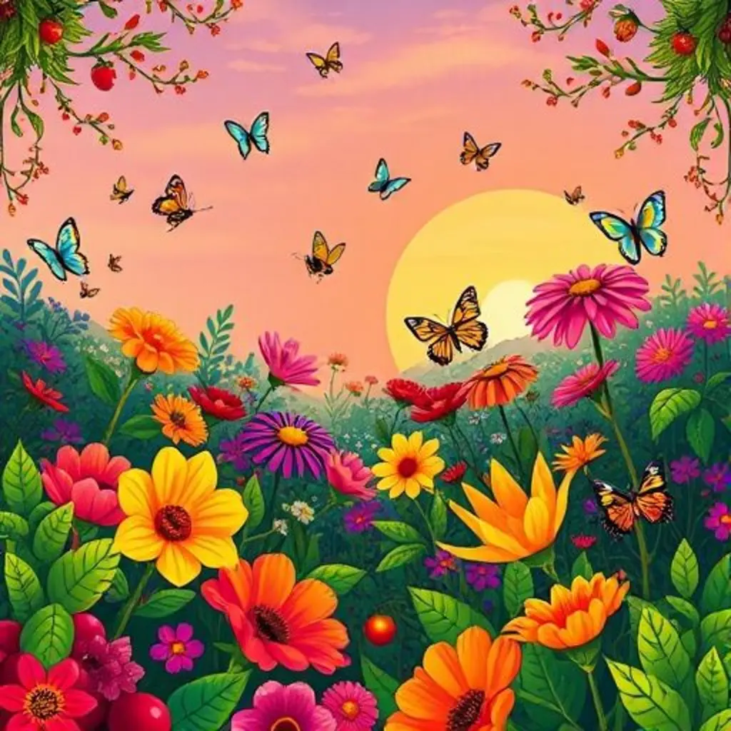 Un jardín mágico y vibrante, lleno de flores y frutas que liberan sus aromas con una niebla dorada.