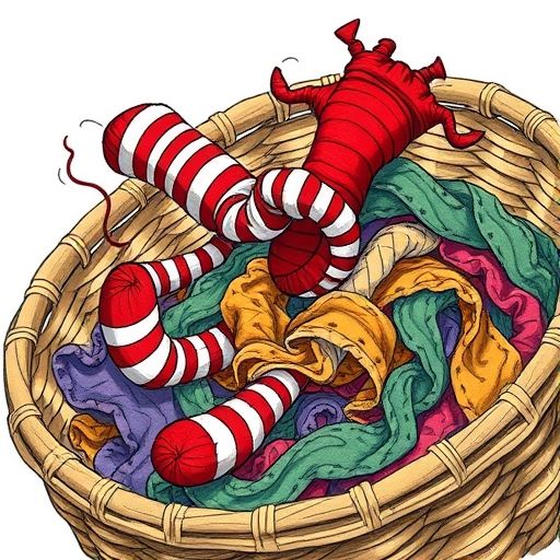 Calcetín Saltarín, un calcetín sonriente, salta en un cesto lleno de ropa sucia, intentando desenredar otro calcetín de rayas.