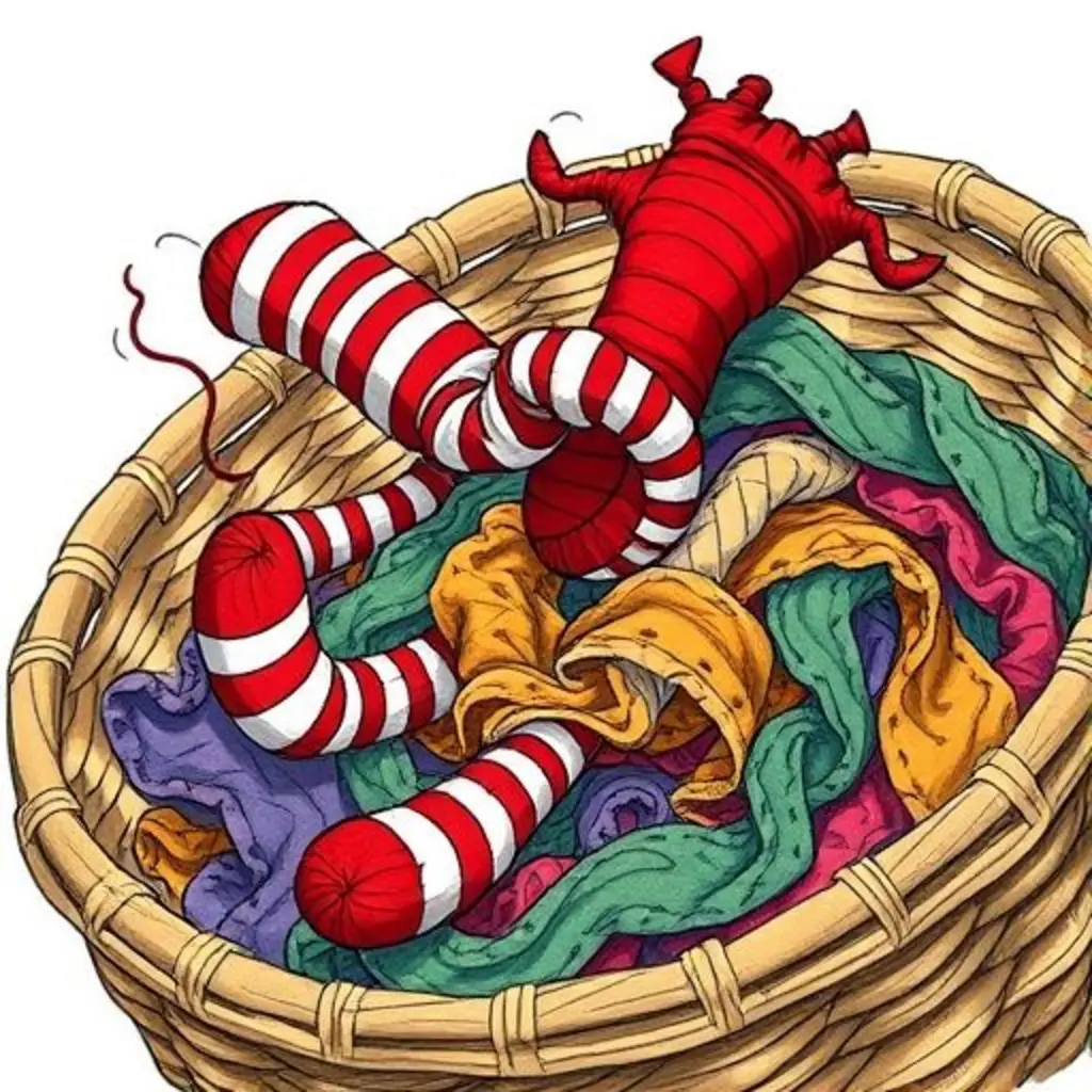 Calcetín Saltarín, un calcetín sonriente, salta en un cesto lleno de ropa sucia, intentando desenredar otro calcetín de rayas.