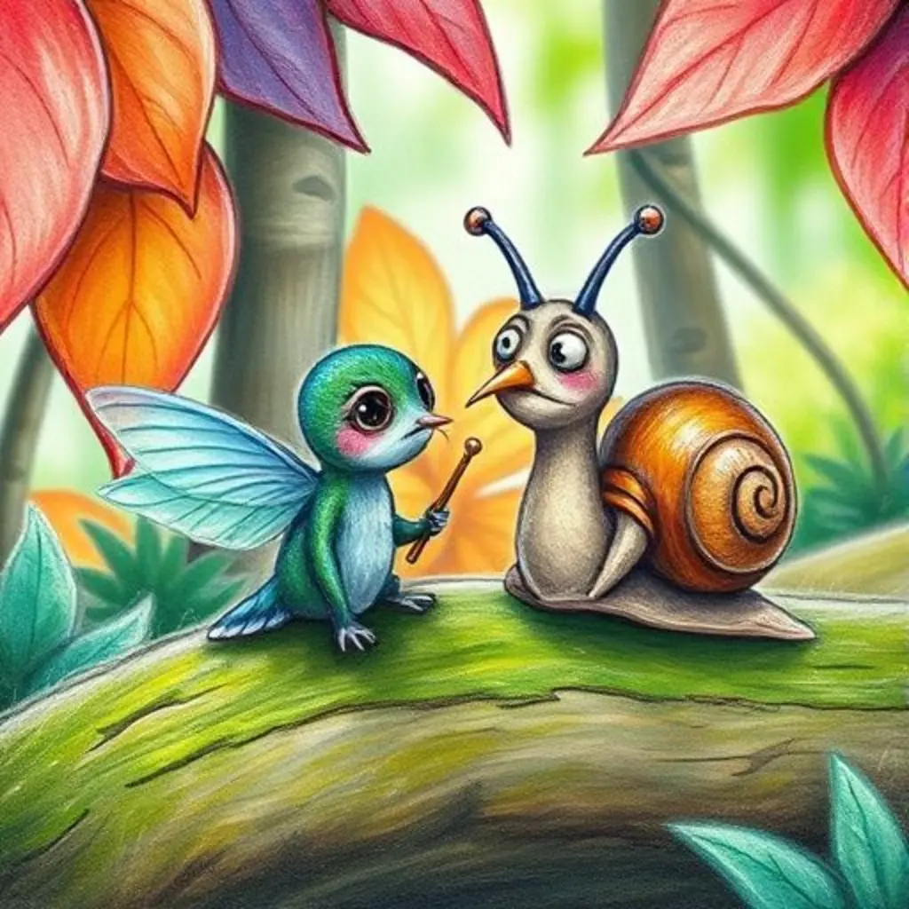 Sutón preocupado en un tronco, hablando con un caracol sabio.