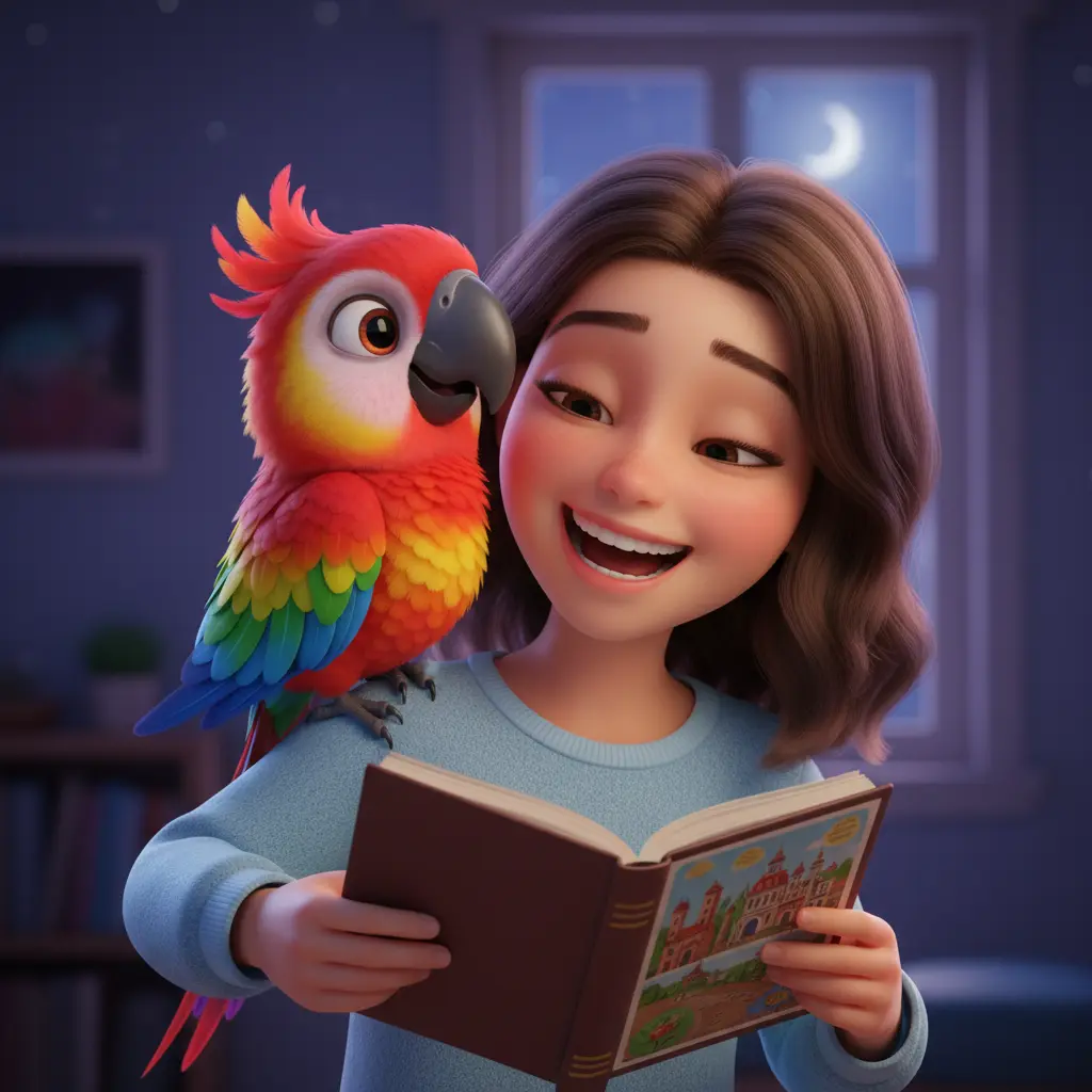 Lolo y Sofi, sonriendo juntos, mientras ella le muestra un libro de viajes, creando un lenguaje de juego.