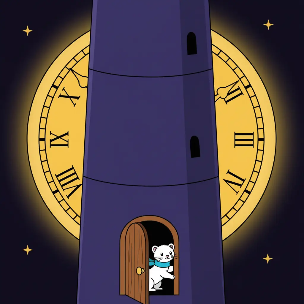 Una pequeña armiño blanca con bufanda turquesa entrando en una torre oscura.