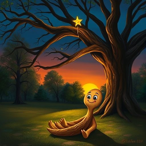 Palito, una cucharita de madera, mira una estrella caer del cielo al anochecer.