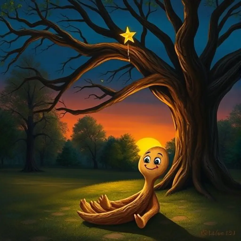 Palito, una cucharita de madera, mira una estrella caer del cielo al anochecer.