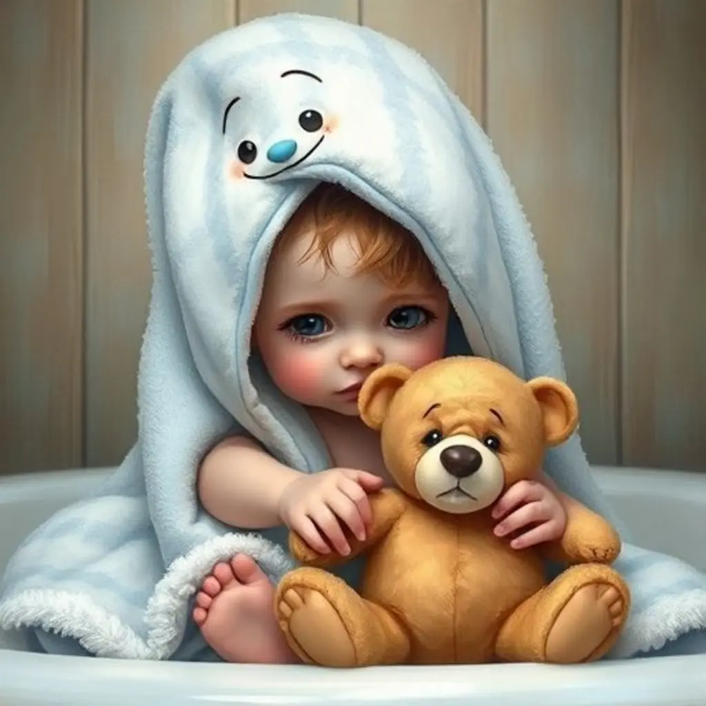 Toalla Nube, una toalla, intenta secar un osito de peluche, mientras una niña hace un puchero.