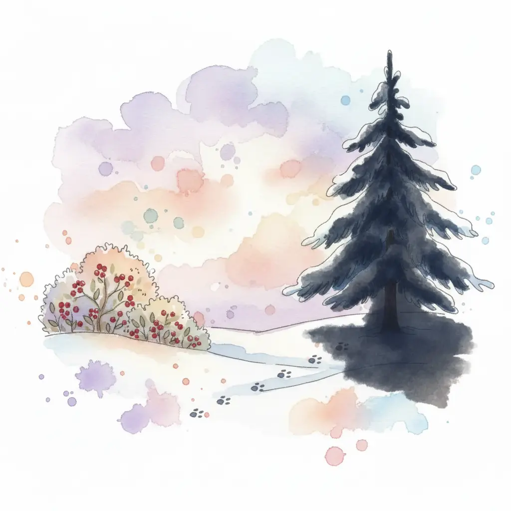 Huellas pequeñas en la nieve blanca de un bosque con pinos al atardecer.