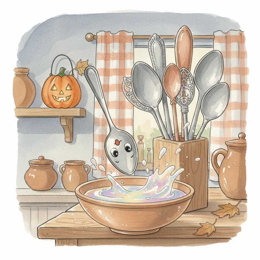 Cucharita Brillo cae accidentalmente en el agua jabonosa.