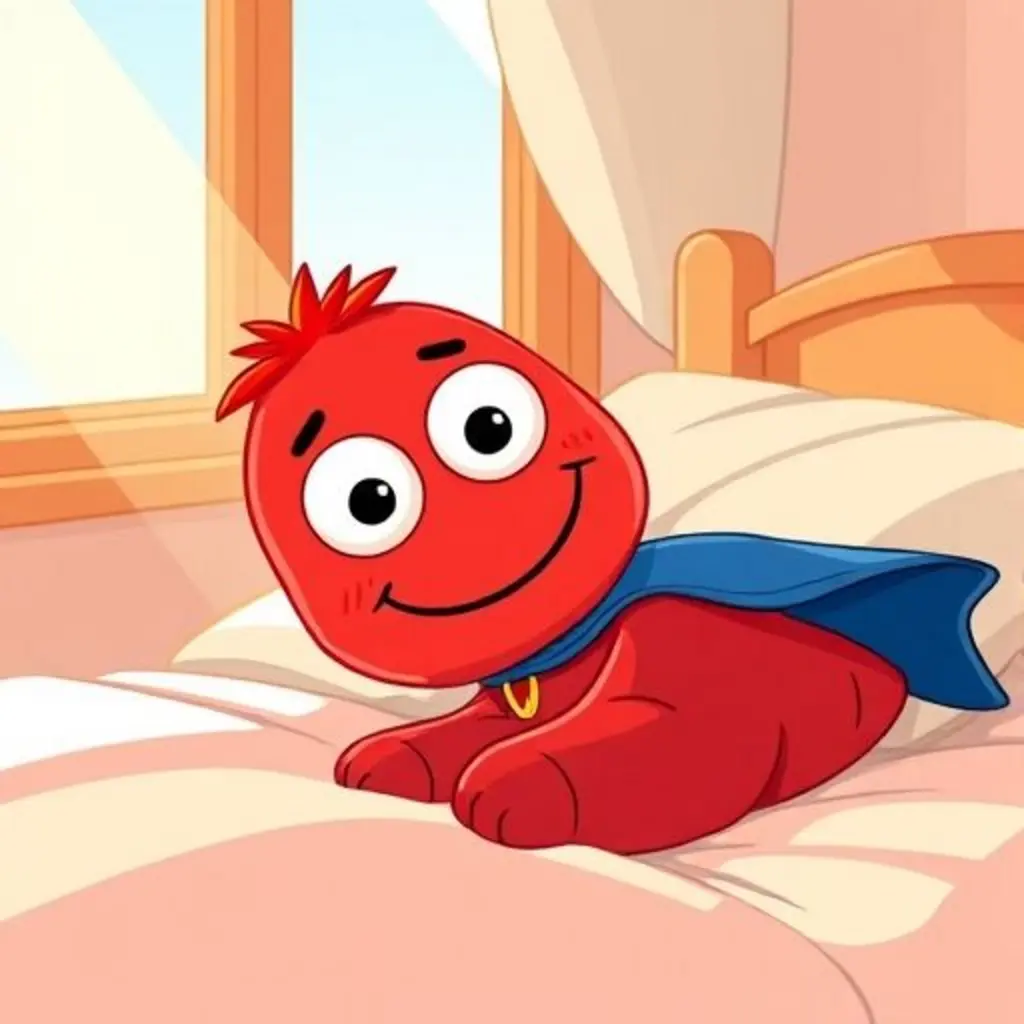 Calcetín Valiente estirándose en la cama soleada.