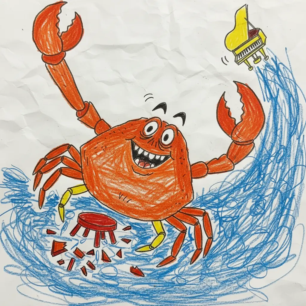 El cangrejo se cae hacia atrás mientras el piano sale volando por el aire.