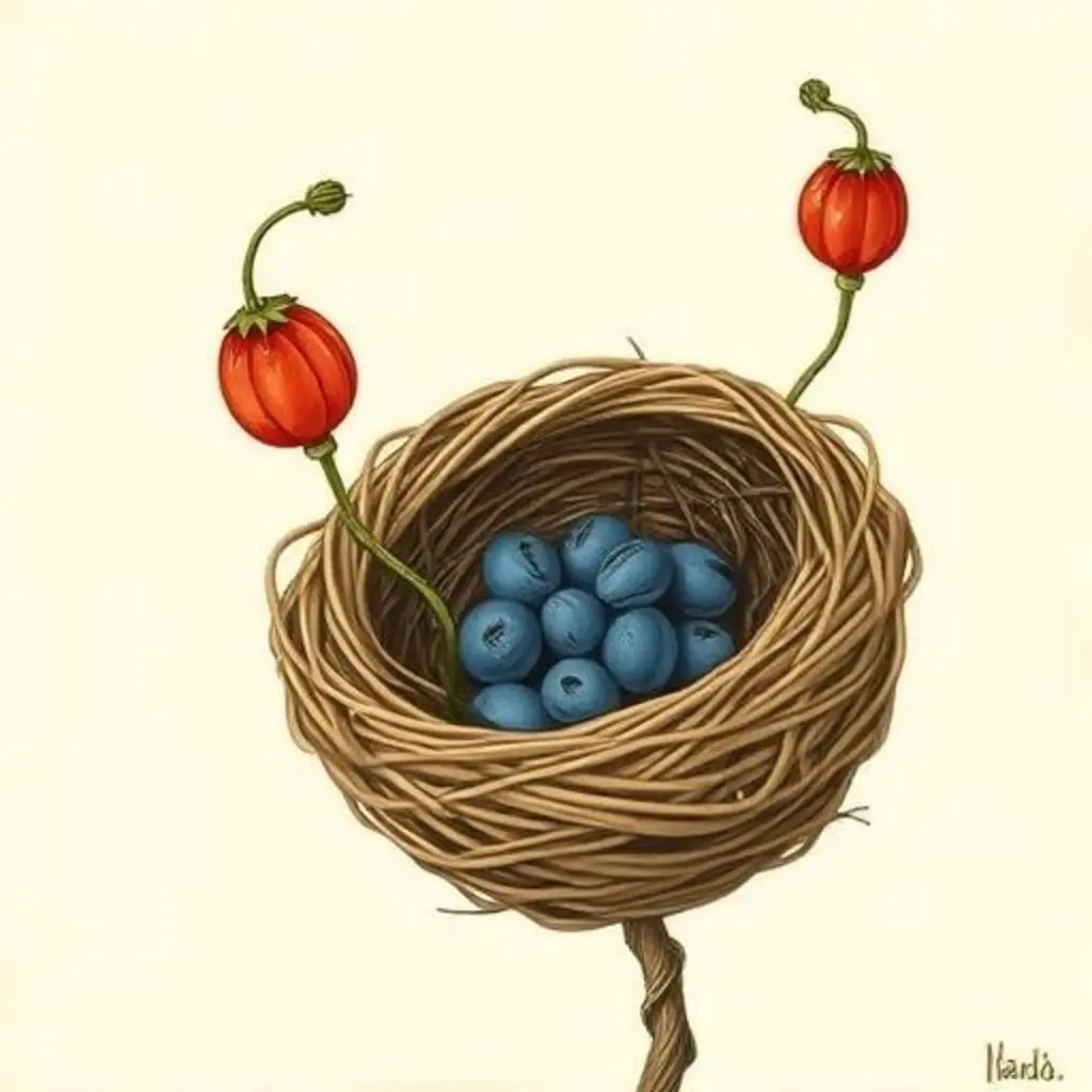 Nardo, el nido, con las primeras semillas y otras dos rojas llegando.