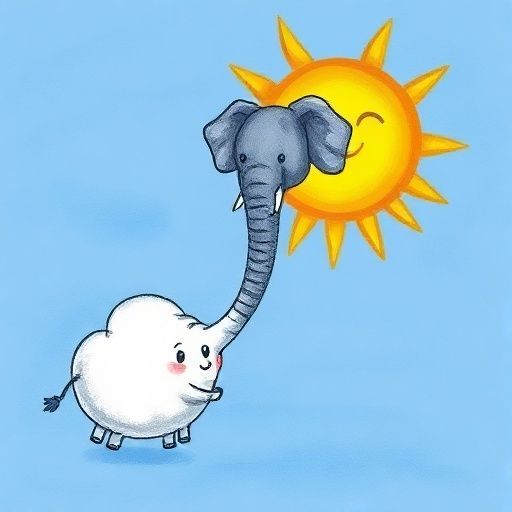 Nubelet la nube le pide ayuda a un elefante para empujar el sol.