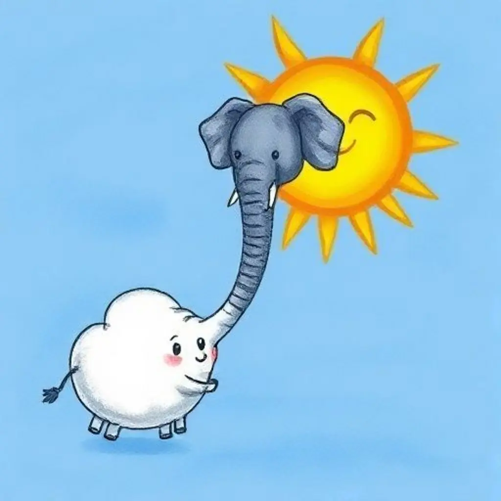 Nubelet la nube le pide ayuda a un elefante para empujar el sol.