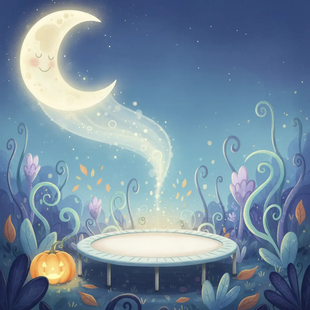 Lunio se desliza suavemente desde el cielo hacia un jardín con una cama elástica.