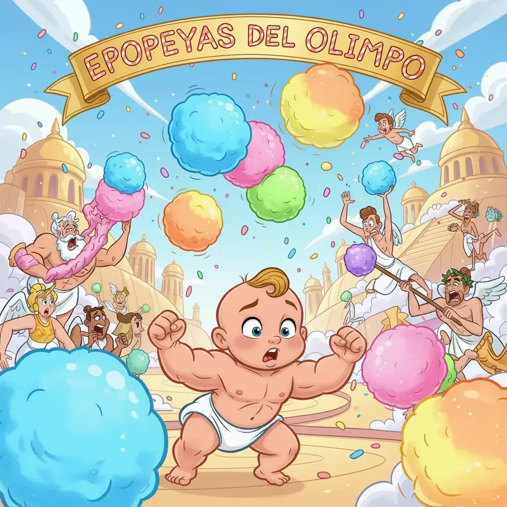 Enormes bolas de algodón de azúcar ruedan por el Olimpo, sorprendiendo a los dioses.