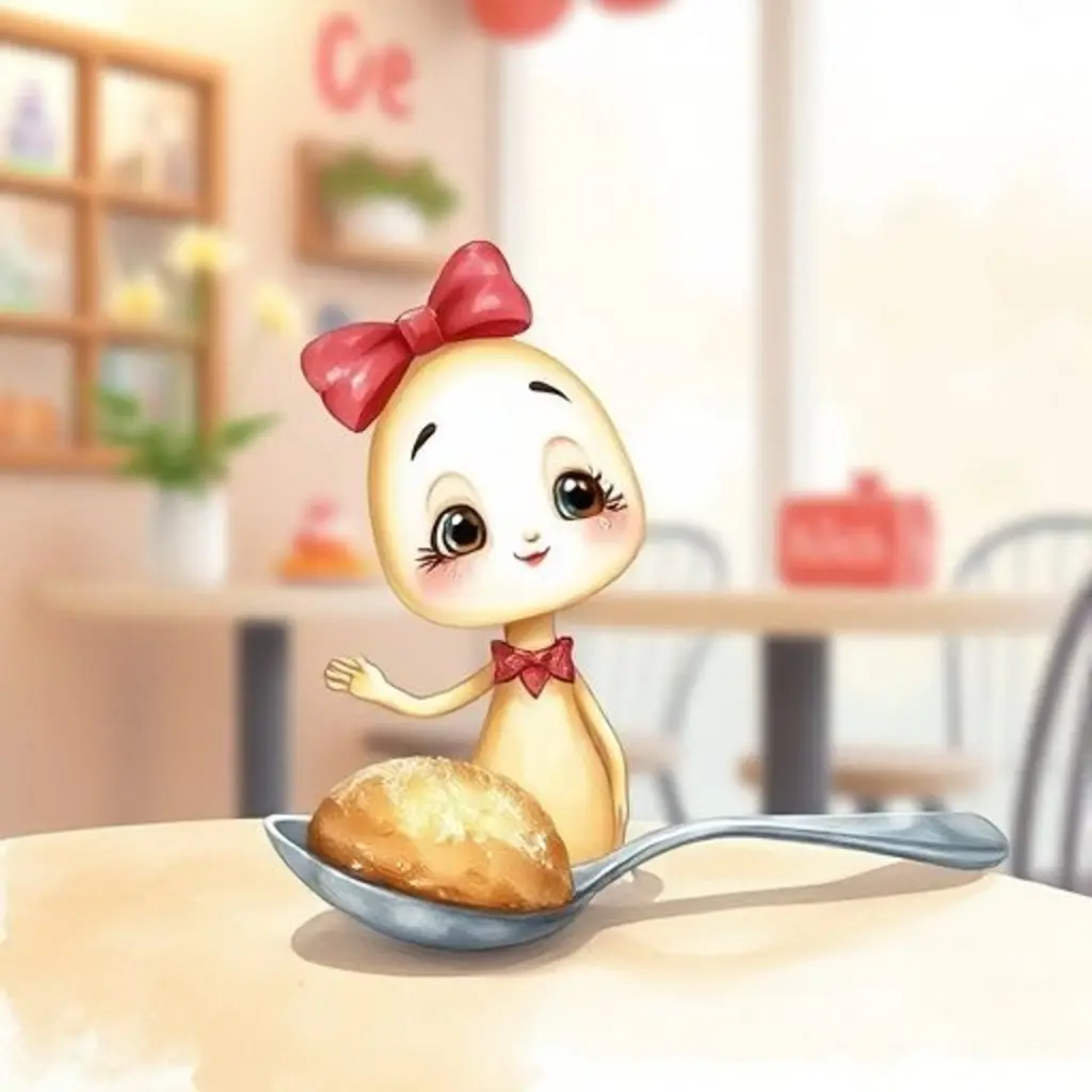 Cucharita Dulce, una cuchara elegante, descubre una miga brillante pegada a ella en una mesa de café.