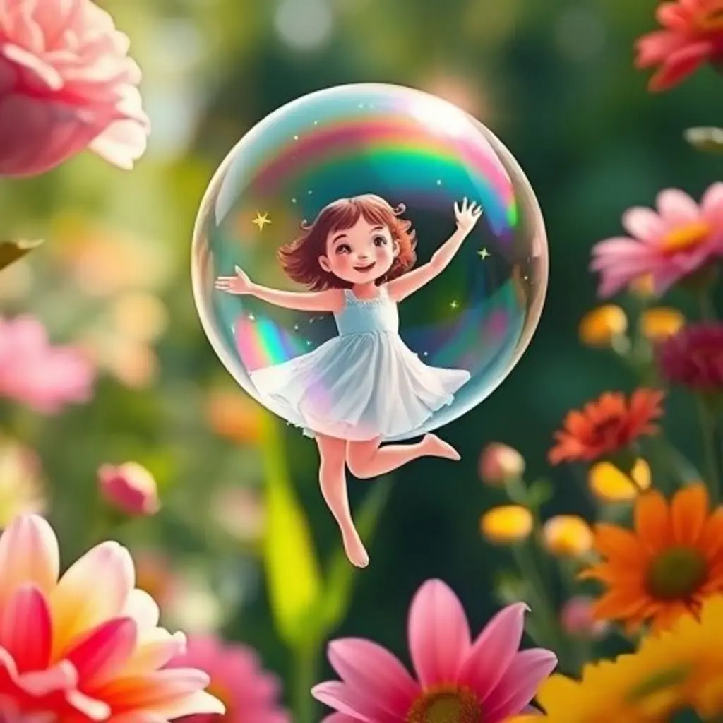 Burbuja Pompona, llena de alegría, baila en el aire reflejando mini-arcoíris sobre las flores del jardín.