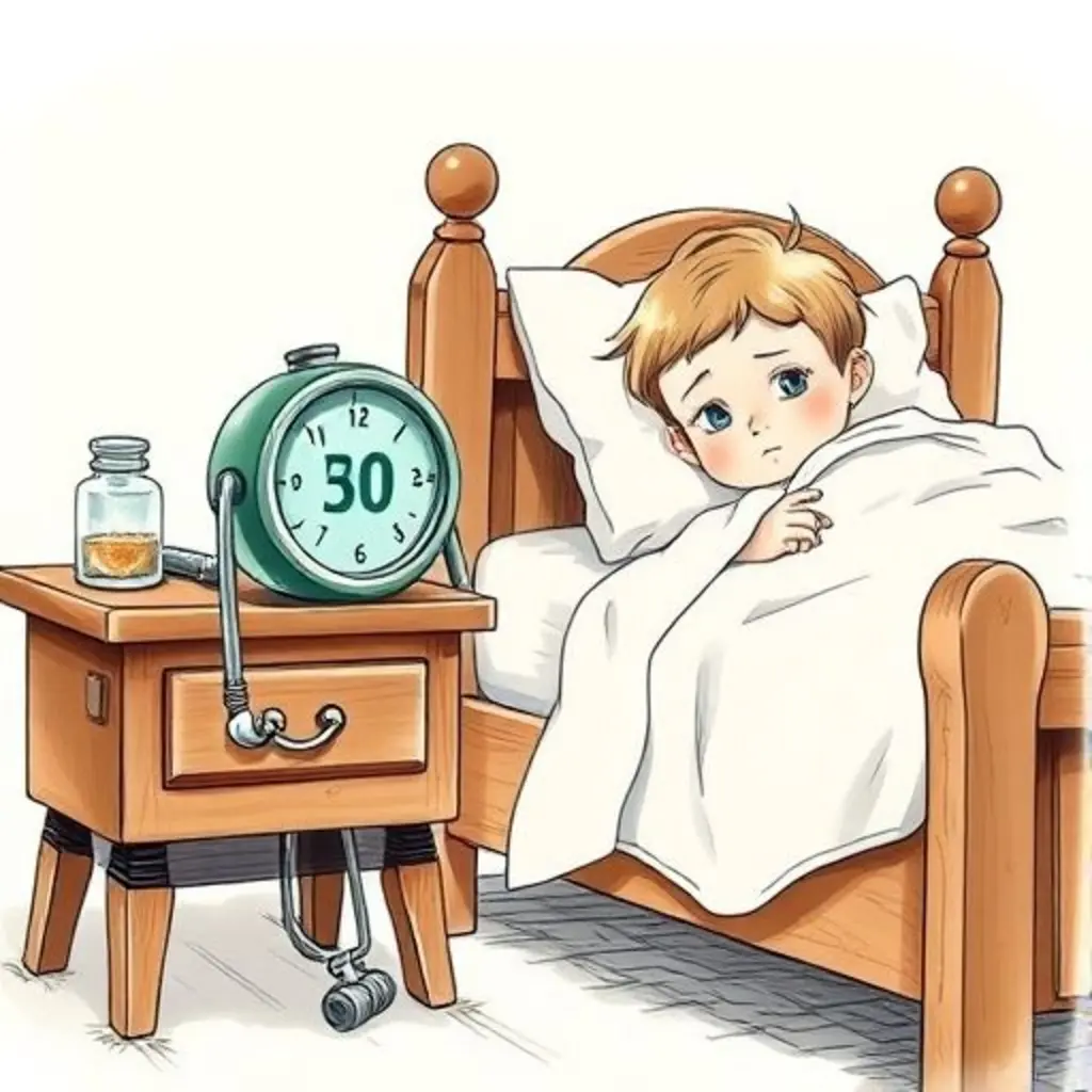 Grados, un termómetro de juguete, observa a Leo, el niño enfermo, desde la mesita de noche.