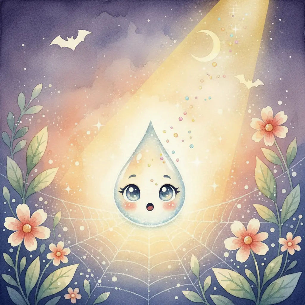 Un rayo de sol toca a Gotita, y ella suelta semillas de arcoíris.