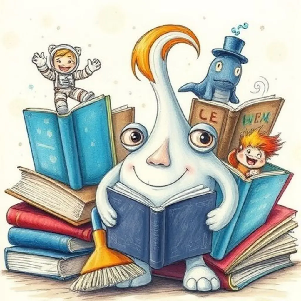 Brochita valiente, rodeada de personajes de libros que cobraron vida.