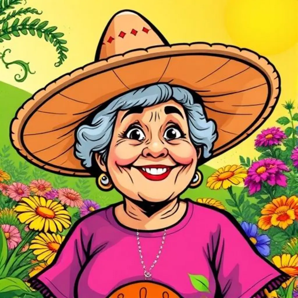 Sombrero Risitas está felizmente en la cabeza de la Abuela Elena, protegiéndola del sol en el jardín.
