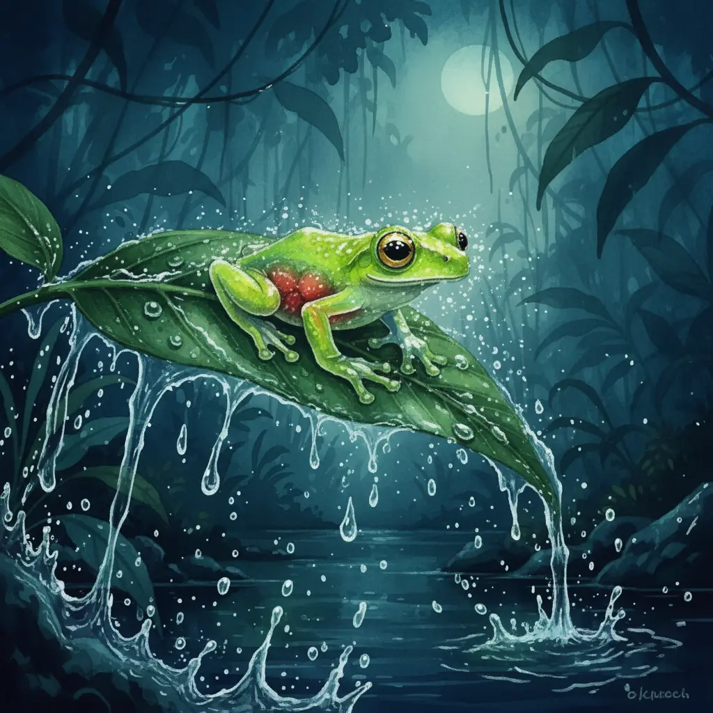 Una pequeña rana verde lima pegada a una hoja sobre un río en la selva.