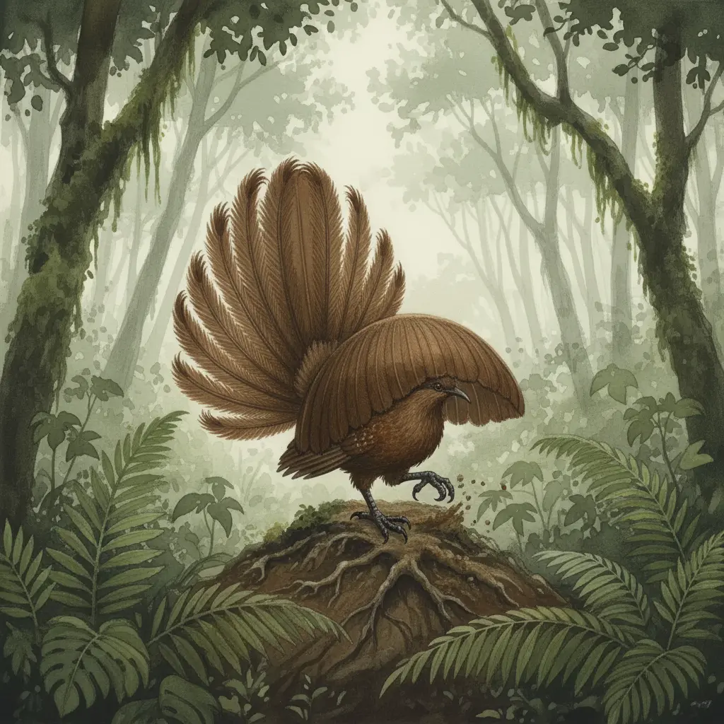 Un ave lira marrón rascando el suelo con sus patas fuertes en el bosque.