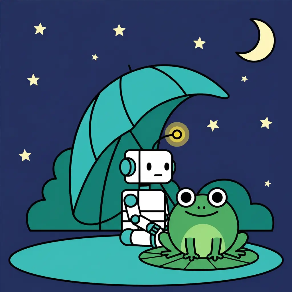 El robot sentado junto a un estanque turquesa escuchando a una rana redonda.