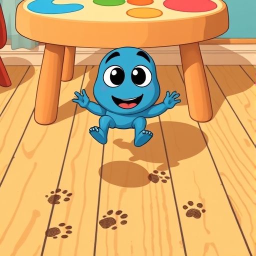 Plastilín Amigo, una plastilina azul, cae de la mesa y descubre que puede hacer huellas de animales en el polvo.