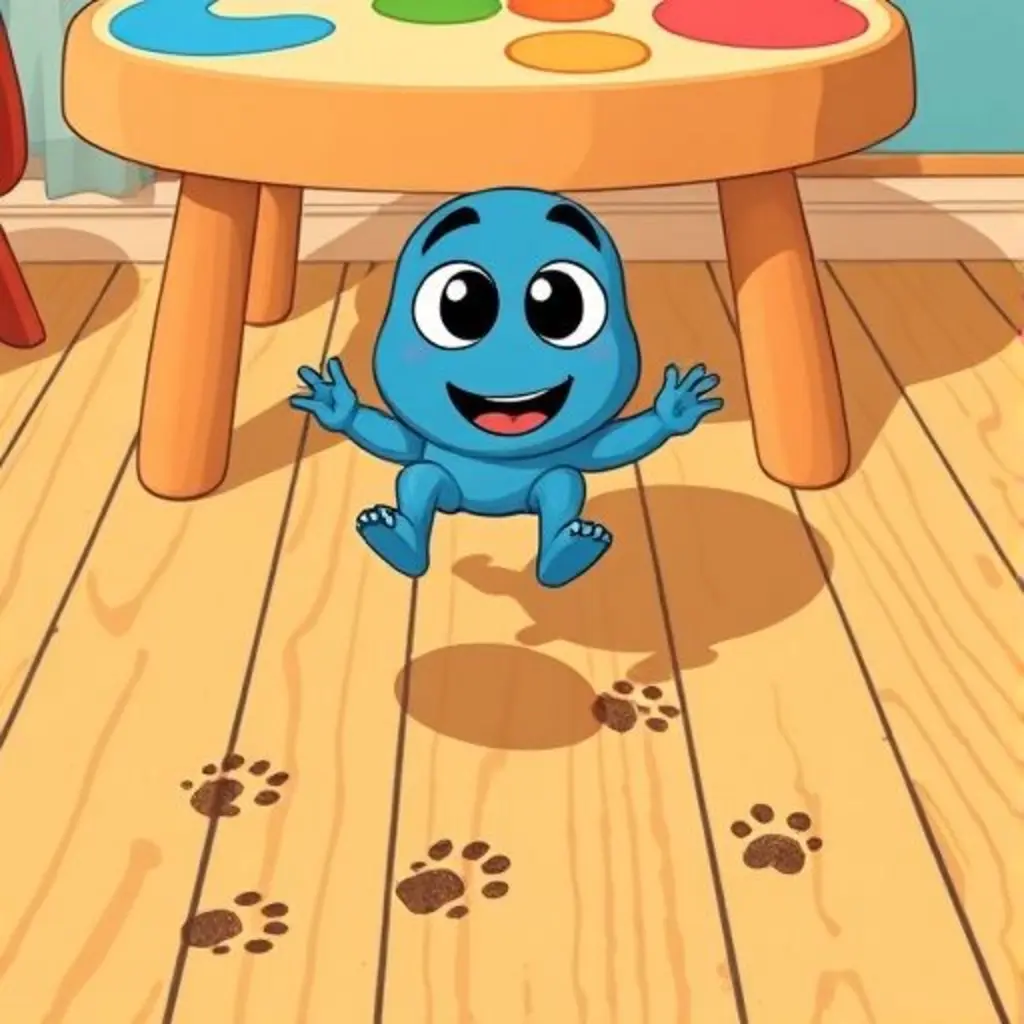 Plastilín Amigo, una plastilina azul, cae de la mesa y descubre que puede hacer huellas de animales en el polvo.