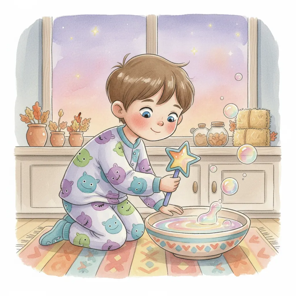 Un niño intenta hacer burbujas gigantes con una varita grande, pero no lo logra.