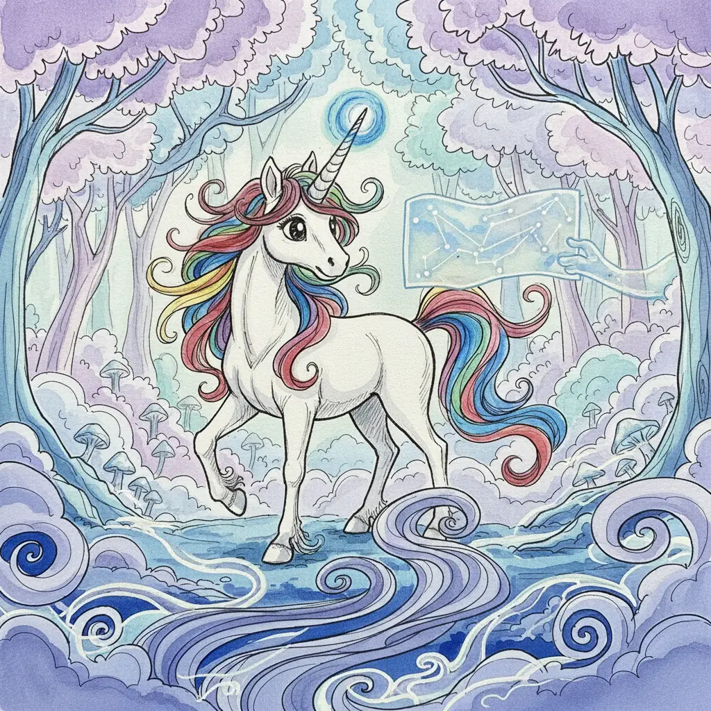 Lumi en el borde de un bosque más oscuro, donde una voz de viento le ofrece un mapa brillante.