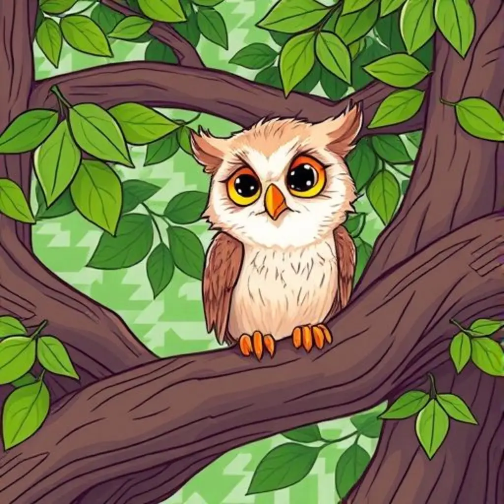 Plumitas, el búho bebé, está triste porque las hojas del árbol están en silencio.