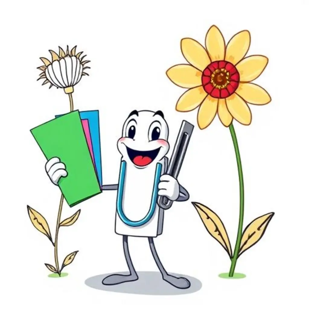 Curvitas sujeta tres papeles de colores a una flor marchita, que ahora baila.