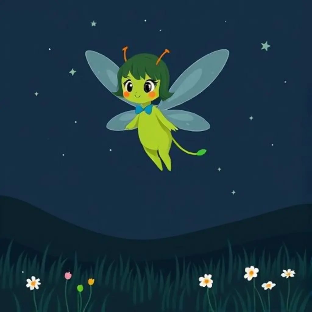 Luciérnaga Brilla, una luciérnaga verde, flota tímidamente en el prado oscuro con su luz casi apagada.