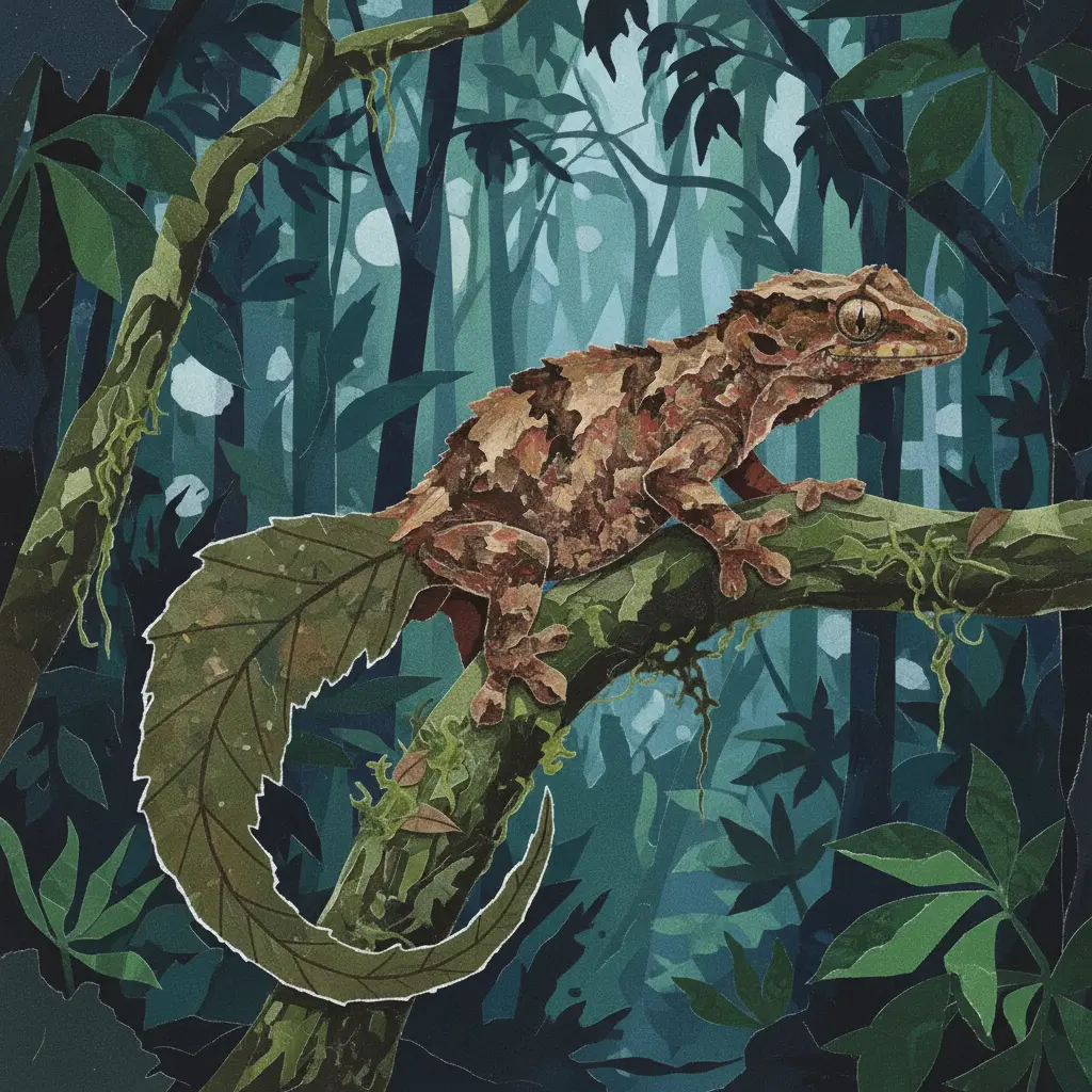 Un gecko marrón con cola en forma de hoja seca camuflado en una rama con musgo.