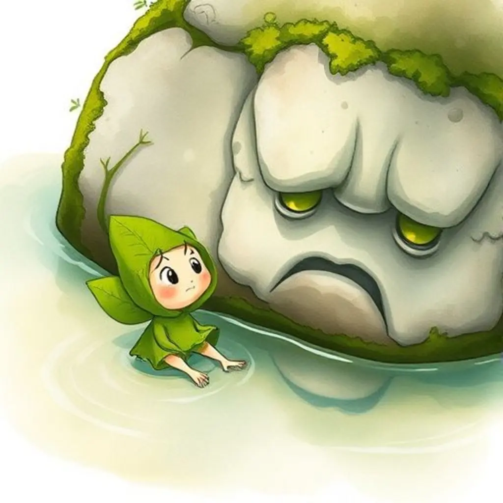 Brisa, la hoja, escucha a una roca cubierta de musgo con una expresión gruñona.