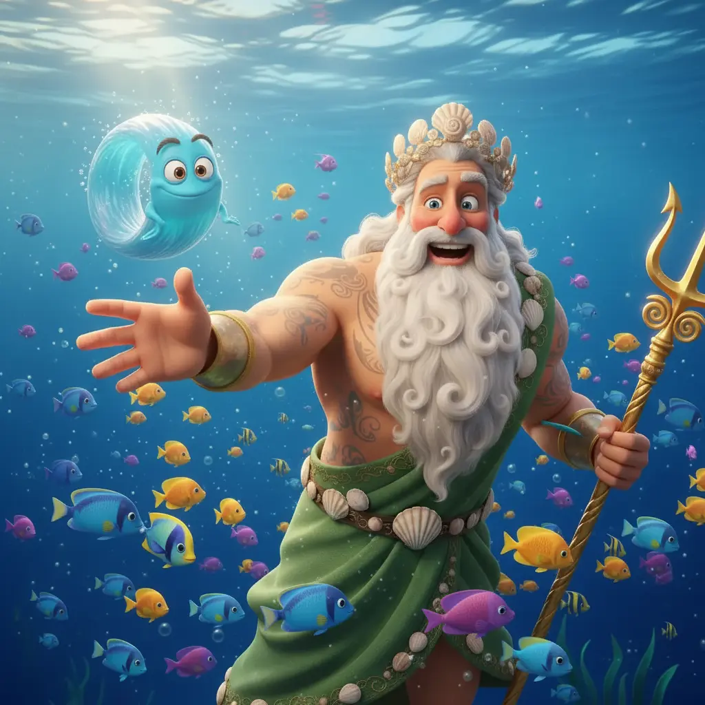 Poseidón recupera su tridente y sonríe, mientras la ola traviesa lo mira feliz.