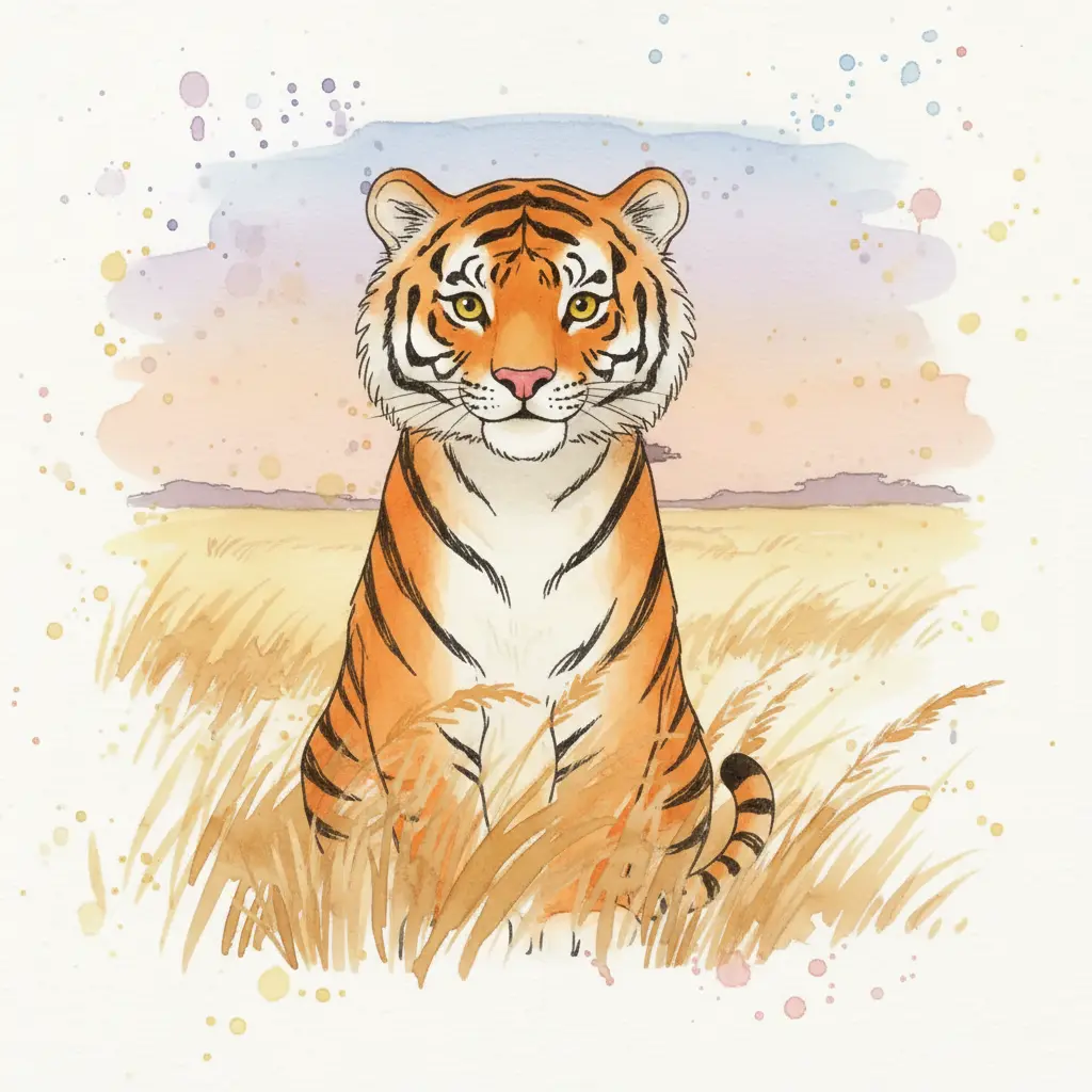 Un tigre amigable y de colores vibrantes sentado tranquilamente en el pasto dorado del atardecer.