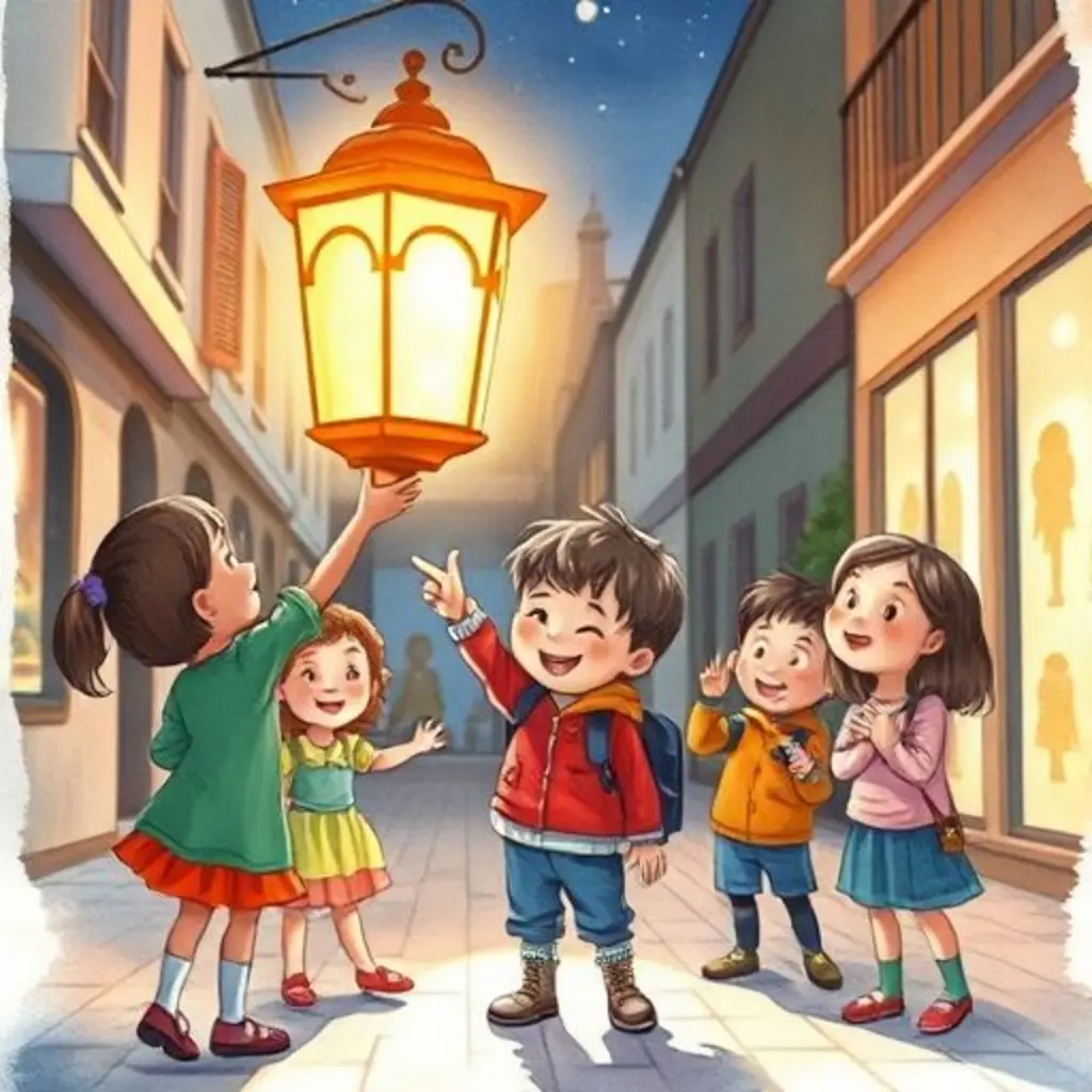 Los niños ríen y juegan con las sombras de Luminario, incluido Leo, ahora feliz.