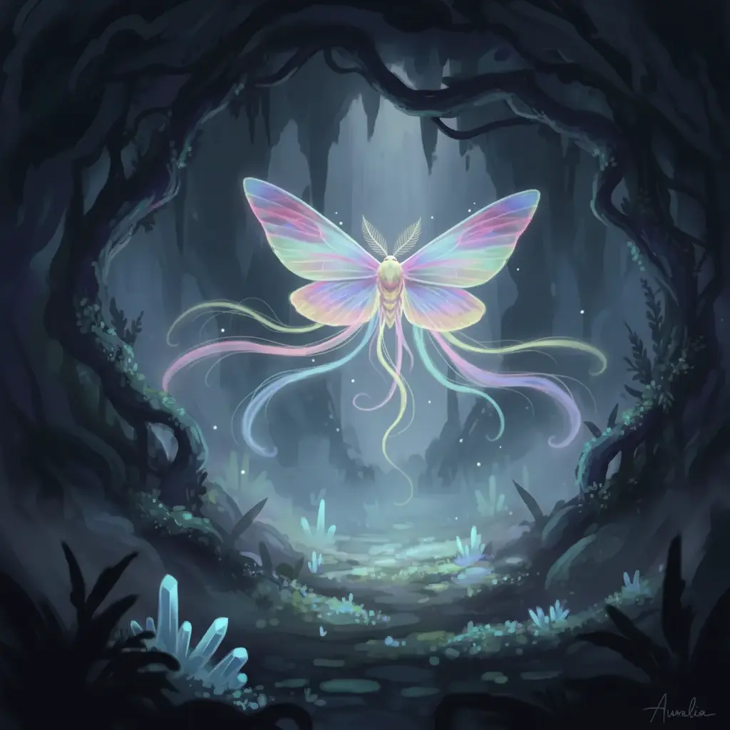 Una pequeña polilla luminosa, Aura, en la entrada de un bosque oscuro de Auralia, que ella ve en tonos pastel.