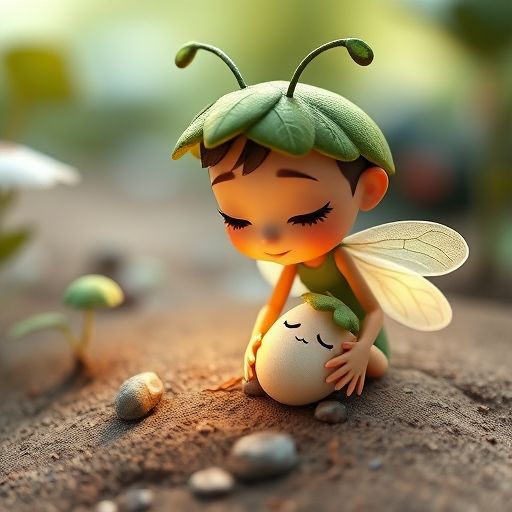 Nalu ilumina con su luz a una pequeña y triste Semillita Pip que está perdida entre raíces en el huerto.