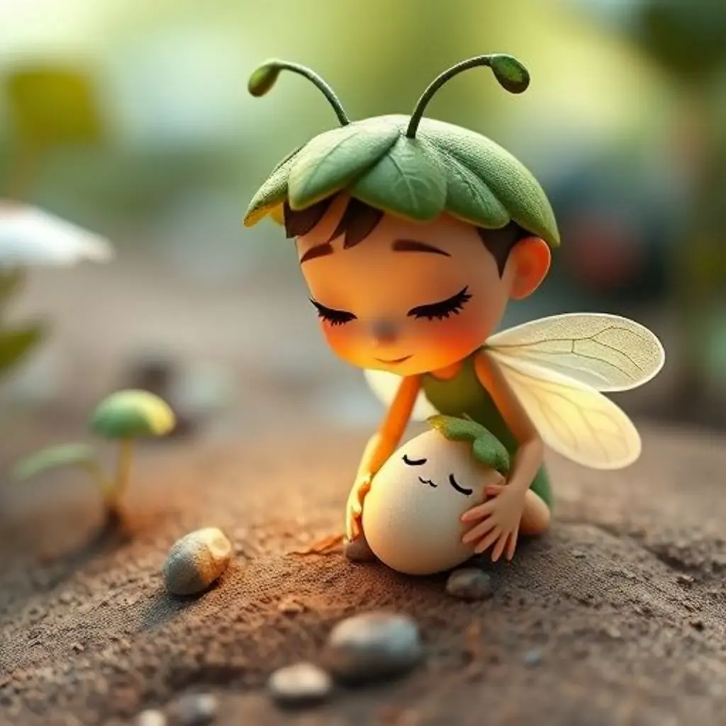 Nalu ilumina con su luz a una pequeña y triste Semillita Pip que está perdida entre raíces en el huerto.