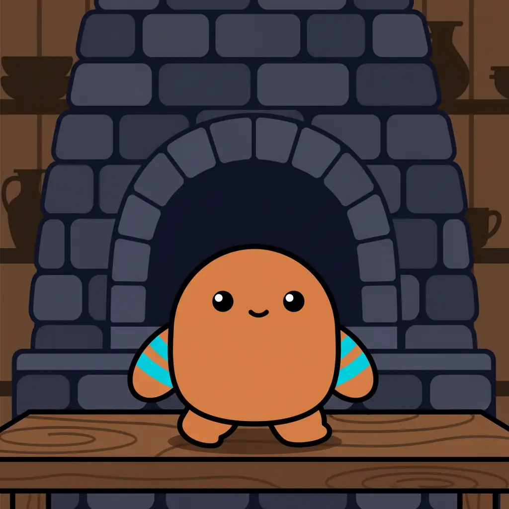 Gobo, un muñeco de barro naranja, camina sobre una mesa de madera oscura.