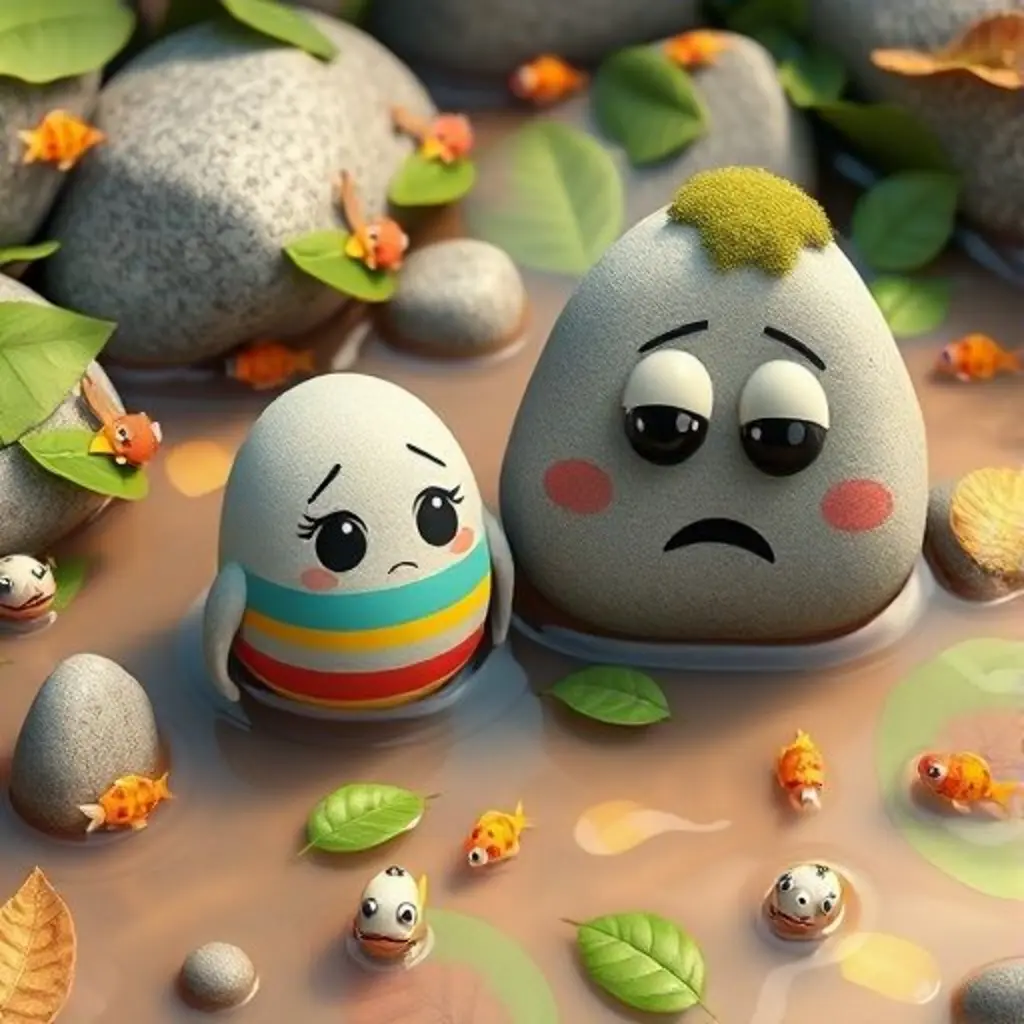 Roca Ponderosa, un guijarro grande y gris, revuelve el agua y las hojas, asustando a los peces, mientras Rodillo lo mira preocupado.