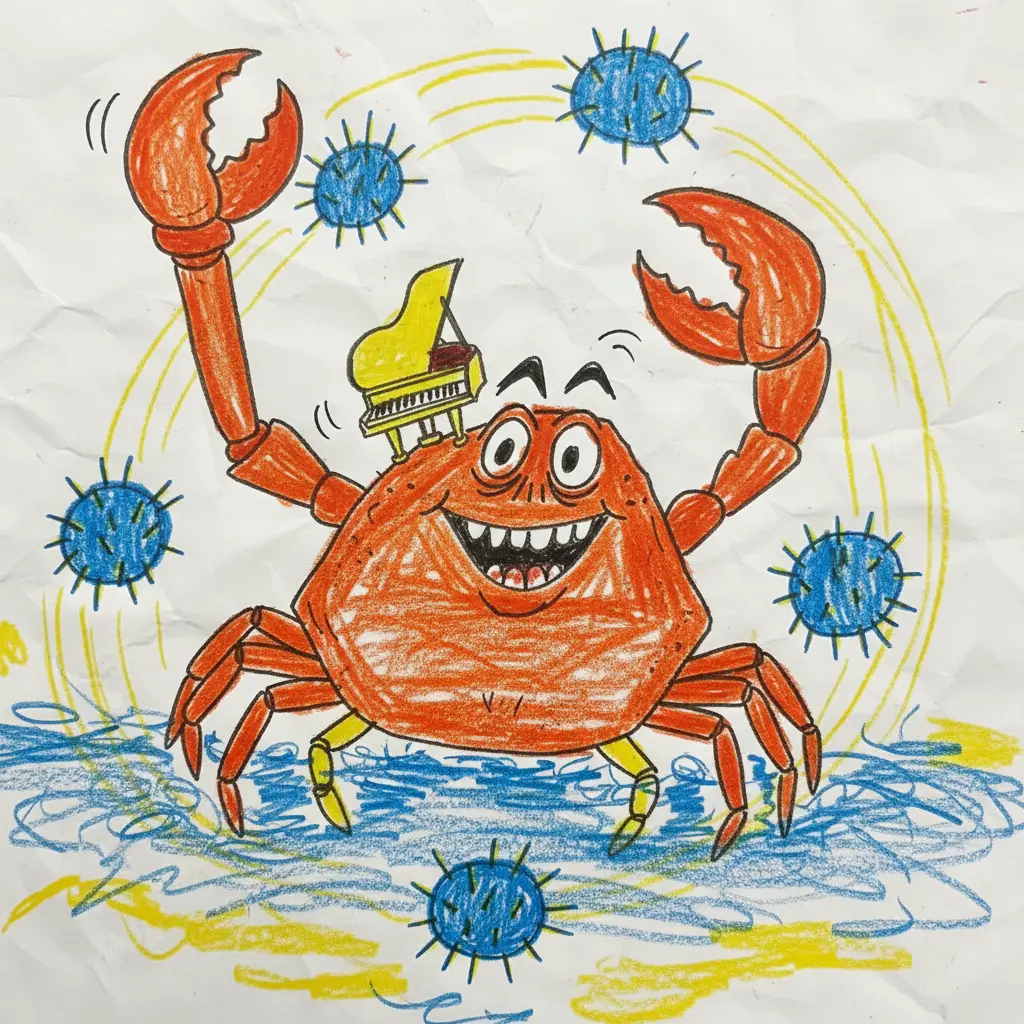 El cangrejo camina orgulloso con el piano en la cabeza rodeado de erizos.