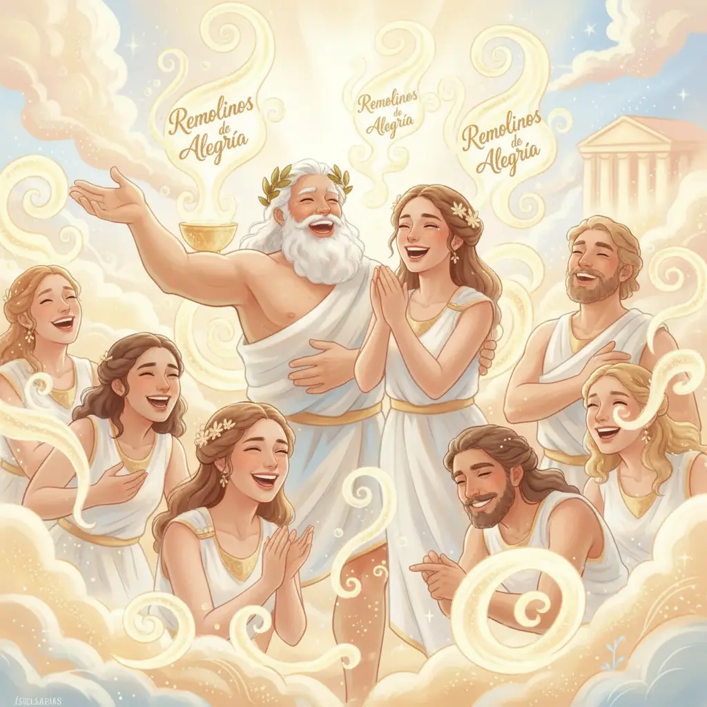 Los dioses ríen y celebran con los remolinos de alegría flotando.